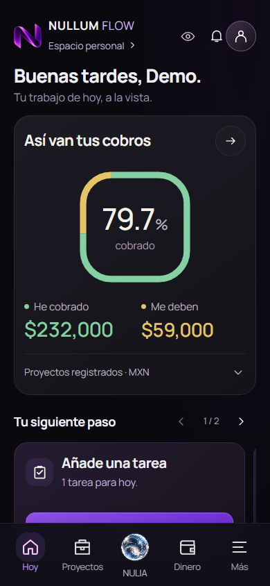 Inicio de NULLUM Flow Beta 1 con cobros, agenda y proyectos de demostración